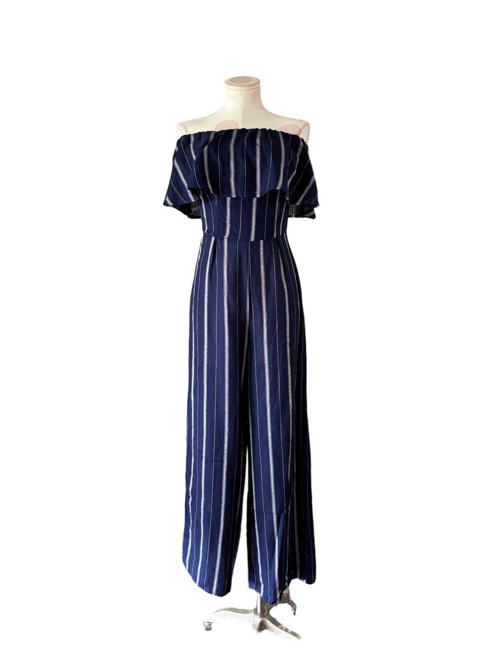 NWT Altar’d State Cara Off Shoulder Wide Leg Jumpsuit Navy Stripe Medium - Picture 3 of 10